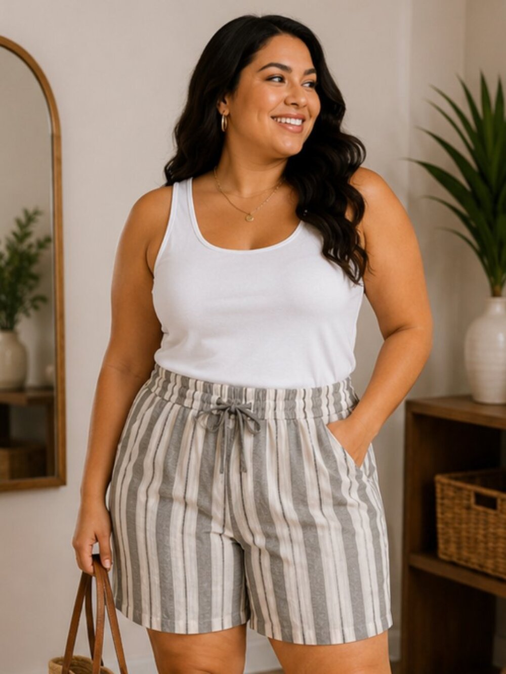 Per Se Linen Blend Pull-On Shorts | Gray & White Stripe | Plus Size 3X